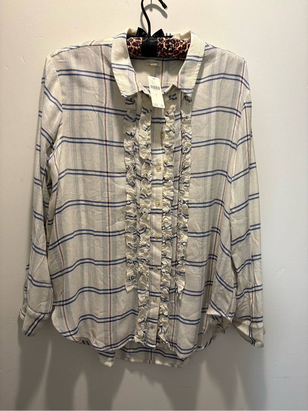 Ruffled Button-Front Plaid Women's Top - Beige